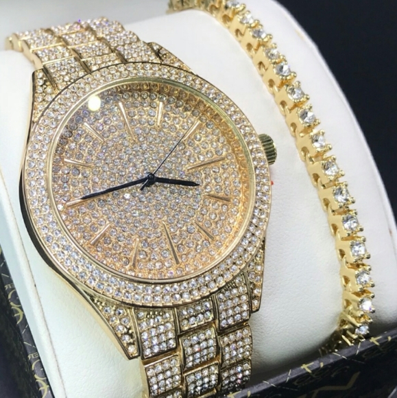 14K Gold plated iced out watch bracelet - Picture 2 of 3